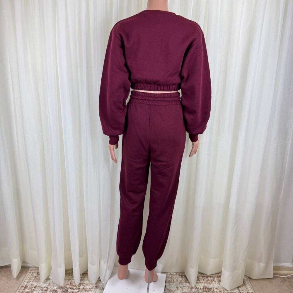 Zenana 2 Pcs Crop Sweatshirt Tracksuit High Waist Jogger Set Active Burgundy - Picture 6 of 10